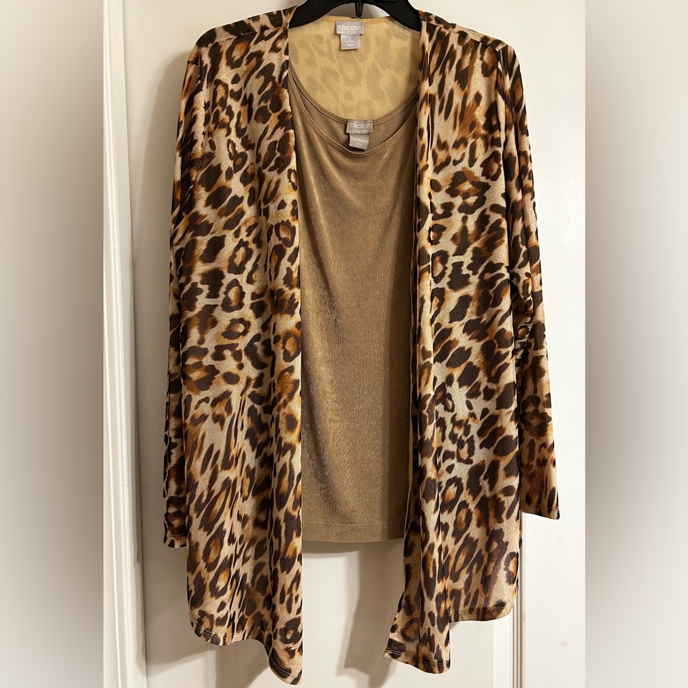 Chicos size 2 L open front mesh cardigan leopard print brown lightweight